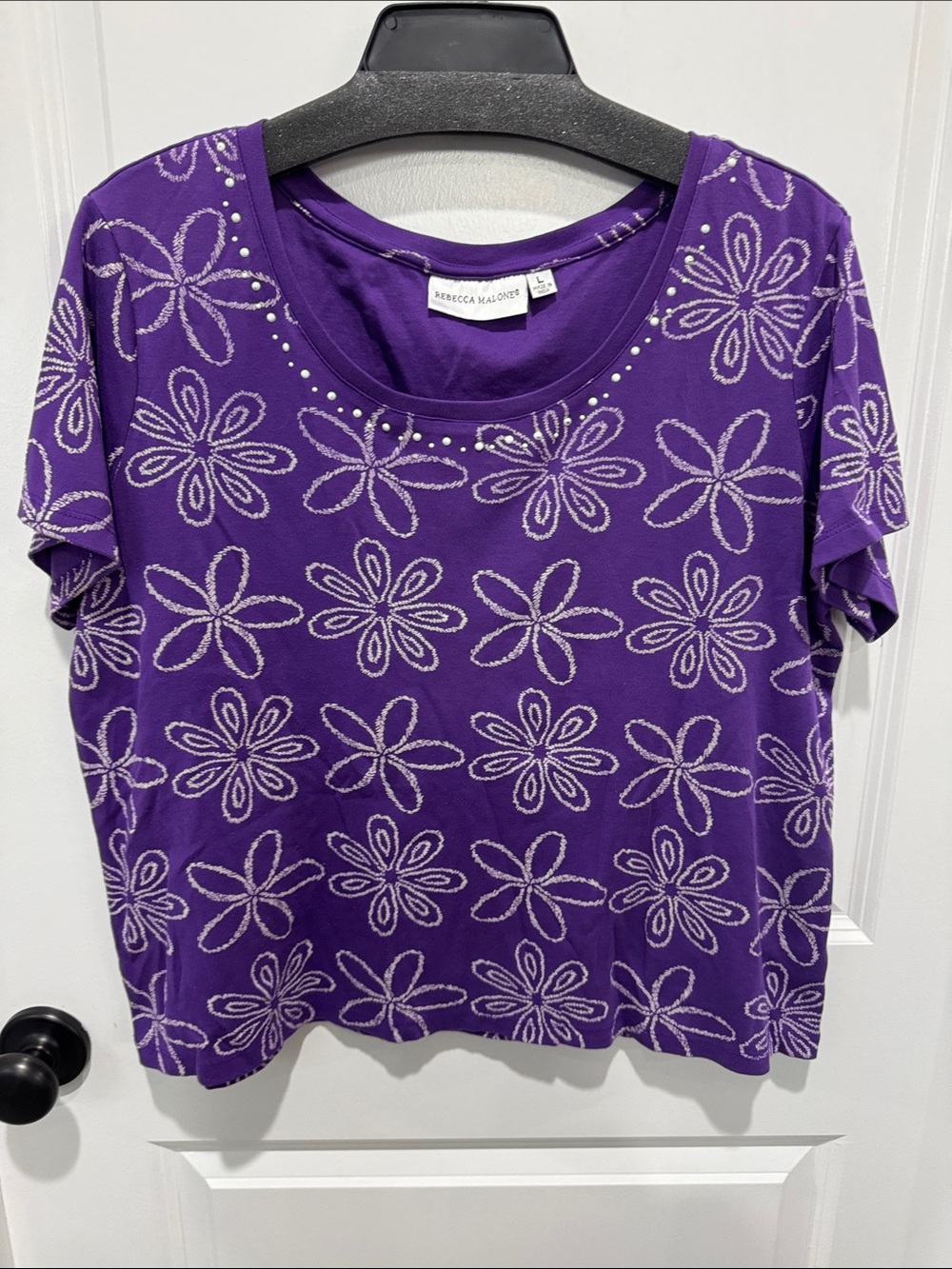 Rebecca Malone Purple Floral Short Sleeve Tee with Silver Floral Outline
